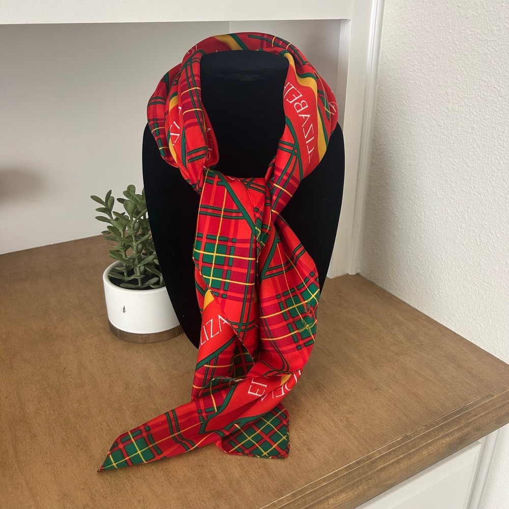 Elizabeth Arden Red Tartan Plaid Square Scarf Holiday Green Yellow Old Money